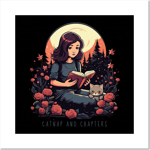 Girl with Cat Reading Book Moonlight Catnap Wall Art by MetaBrush